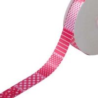Satijnband 25 mm bedrukt patchwork roze 