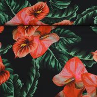 Exclusieve zijde  stretch italiaanse designerstof  met klelk  bloemen zwart oranje rood