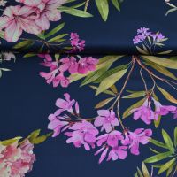 zijde stretch charmeuse exclusieve italianse designer stof donker blauw met bloemen