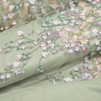 Haute couture 3D kant bloemen print lila ,rose , groen