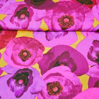 Exclusieve zijde stretch italiaanse designerstof klap rozen fuchsia cerise geel