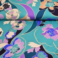 Tricot viscose flowers turquoise petrol