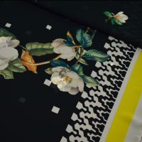 voile panel rand patroon exclusieve Designer stof zwart met magnolia bloemen panel 1.50 x1.40