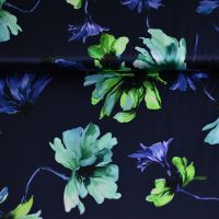 Exclusieve stretch zijde Italiaans design bloemen donker blauw