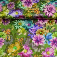 Stretch zijde katoen satijn bloemen print groen paars Exclusief uit Italië digitaal geprint