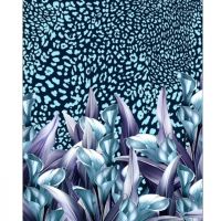 panel Stretch zijde katoen satijn tijger print met bloemen aqua blauw panel 1.35x 1.36 mtr 