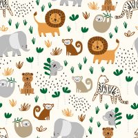 Katoen poplin dieren safari ivory