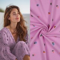 katoen double gauze rose met geborduurde bloementjes