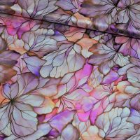Exclusieve stretch zijde Italiaans designer bloemen print lila zalm