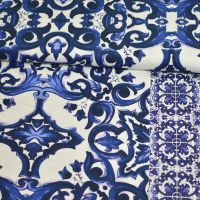 exclusieve stretch katoen barok style blauw off white (deadstock)