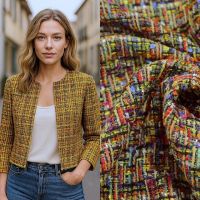 Grof geweven mantelpak stof geel orange multi colors
