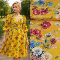 zijde viscose met jacquard print bloemen geel exclusieve italiaanse designer stof