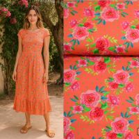 Tricot katoen digitaal print bloemen koraal rose