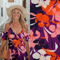  viscose stretch bloemen print paars oranje