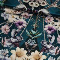 panel stretch zijde Italiaans design barok style met bloemen petrol 1.40mtr