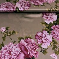 Exclusieve stretch zijde Italiaans design bloemen print taupe cerise