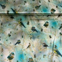 Exclusieve stretch zijde Italiaans design vogels petrol /mint