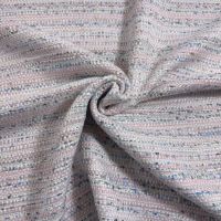 exclusieve grof geweven mantelpak stof licht rose blauw en goud lurex 