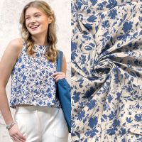 Bamboe poplin bloementjes jeans blauw 