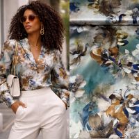 Exclusieve stretch zijde Italiaans design bloemen print camel petrol