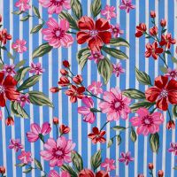 Katoen stretch streep blauw wit met gekleurde bloemen