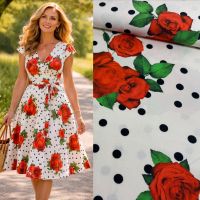Linnen viscose polka dots met rozen exclusieve designer stof