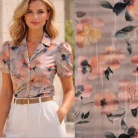  katoen satijn met bloemen print taupe zalm