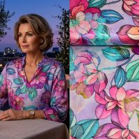 Stretch zijde katoen satijn bloemen print lila cerise Exclusief uit Italië digitaal geprint