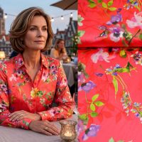 Stretch zijde katoen satijn bloemen print koraal rood Exclusief uit Italië digitaal geprint