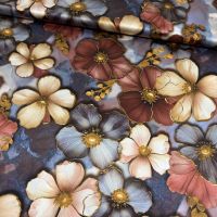 Exclusieve stretch zijde satijn Italiaans design bloemen print bruin staal blauw