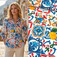 Exclusieve italiaanse designer stretch katoen Majolica print met citroen
