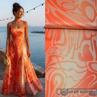 Viscose modal satijn floral print flame orange italiaans design 