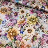 Exclusieve stretch zijde satijn Italiaans design bloemen multi colors licht blauw